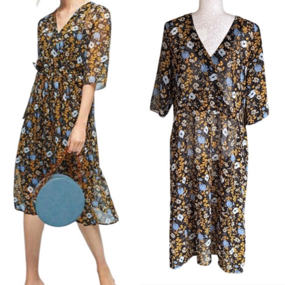 Just Female Antonin Black Blue Yellow Flower Floral Print Midi Dress - XS